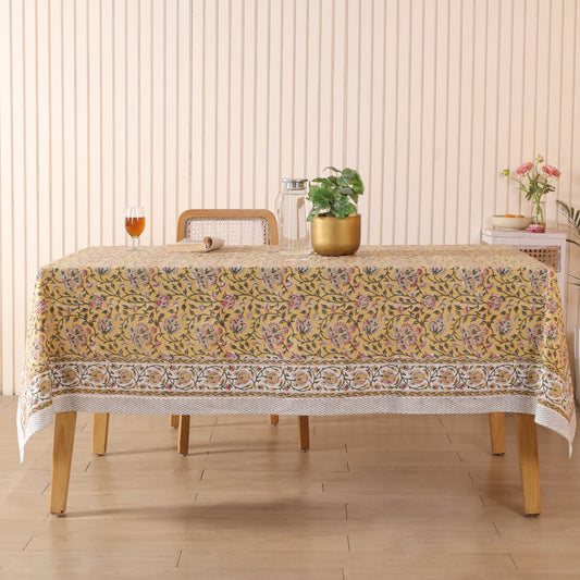 Yellow Leaf Khadi Sanganeri Block Print Cotton Tablecloth