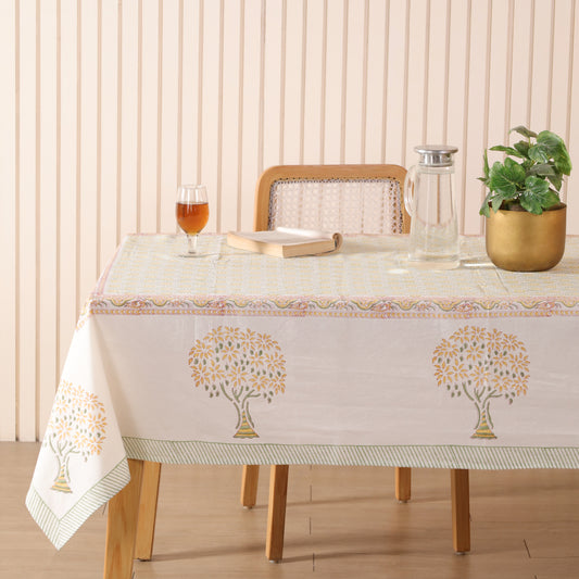 White Khadi Sanganeri Block Print Cotton Tablecloth