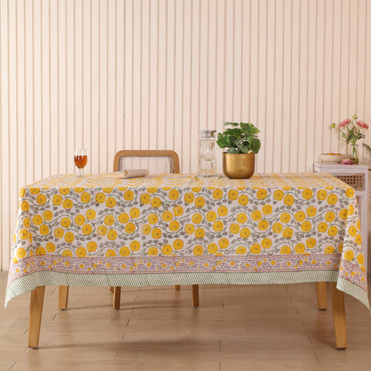 Yellow Sanganeri Block Print Cotton Handblock Floral Round Tablecloth