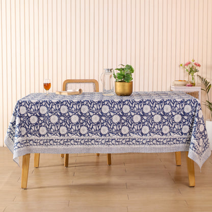 Blue & White Sanganeri Floral Cotton Tablecloth