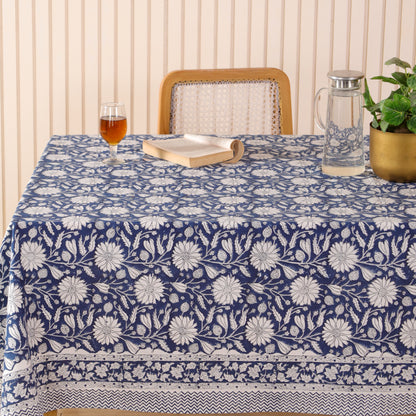 Blue & White Sanganeri Floral Cotton Tablecloth