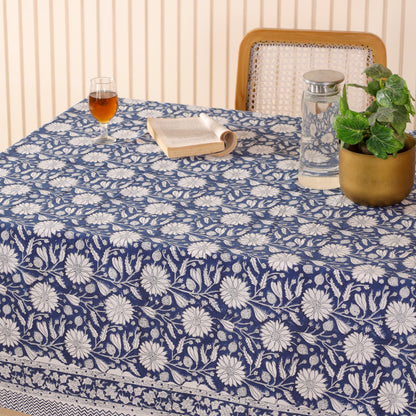 Blue & White Sanganeri Floral Cotton Tablecloth