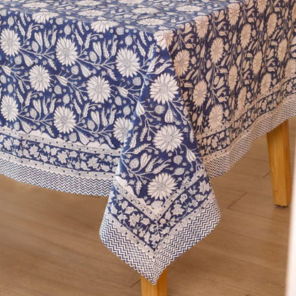 Blue & White Sanganeri Floral Cotton Tablecloth