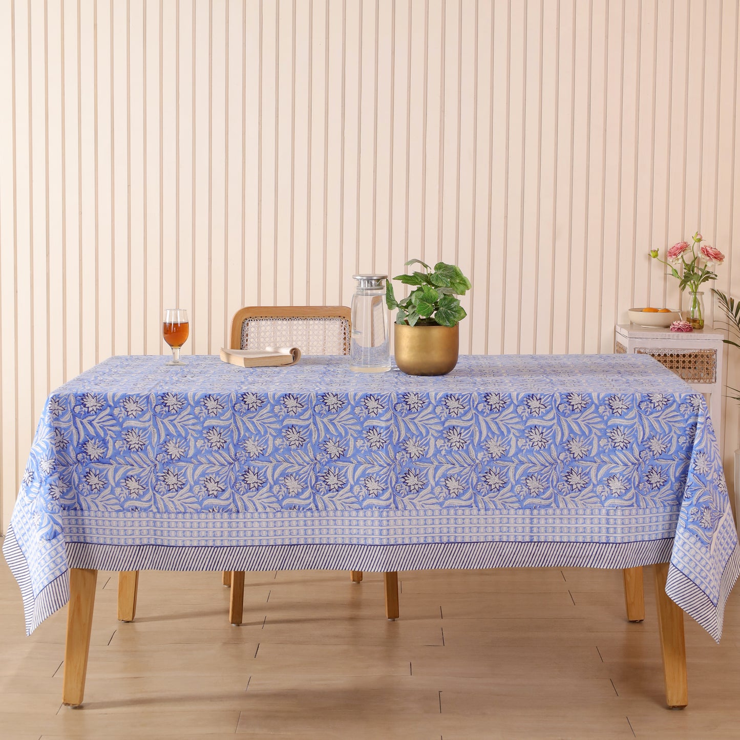 Blue Floral Sanganeri Block Print  Cotton Tablecloth