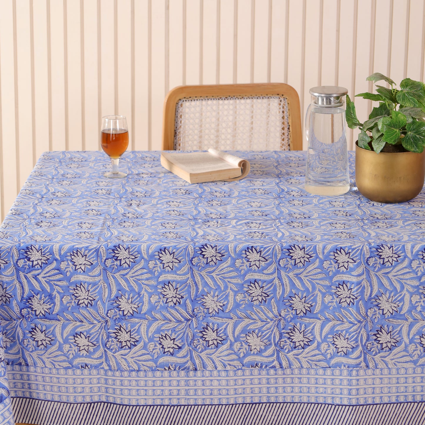 Blue Floral Sanganeri Block Print  Cotton Tablecloth