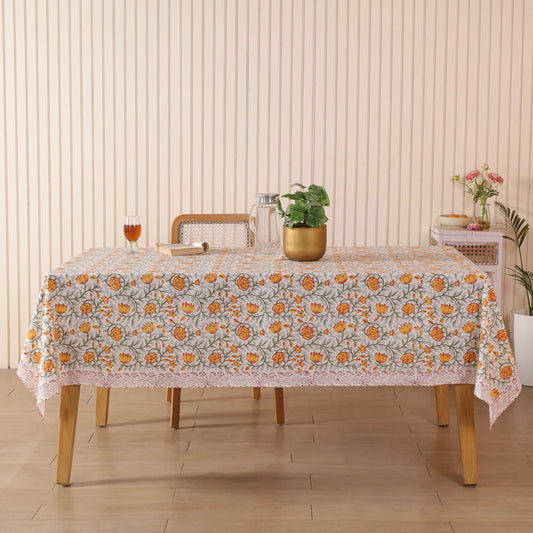White Floral Sanganeri Printed Cotton Tablecloth