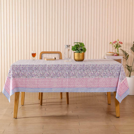 Mauve Orchid Floral Sanganeri Block Print Cotton Tablecloth