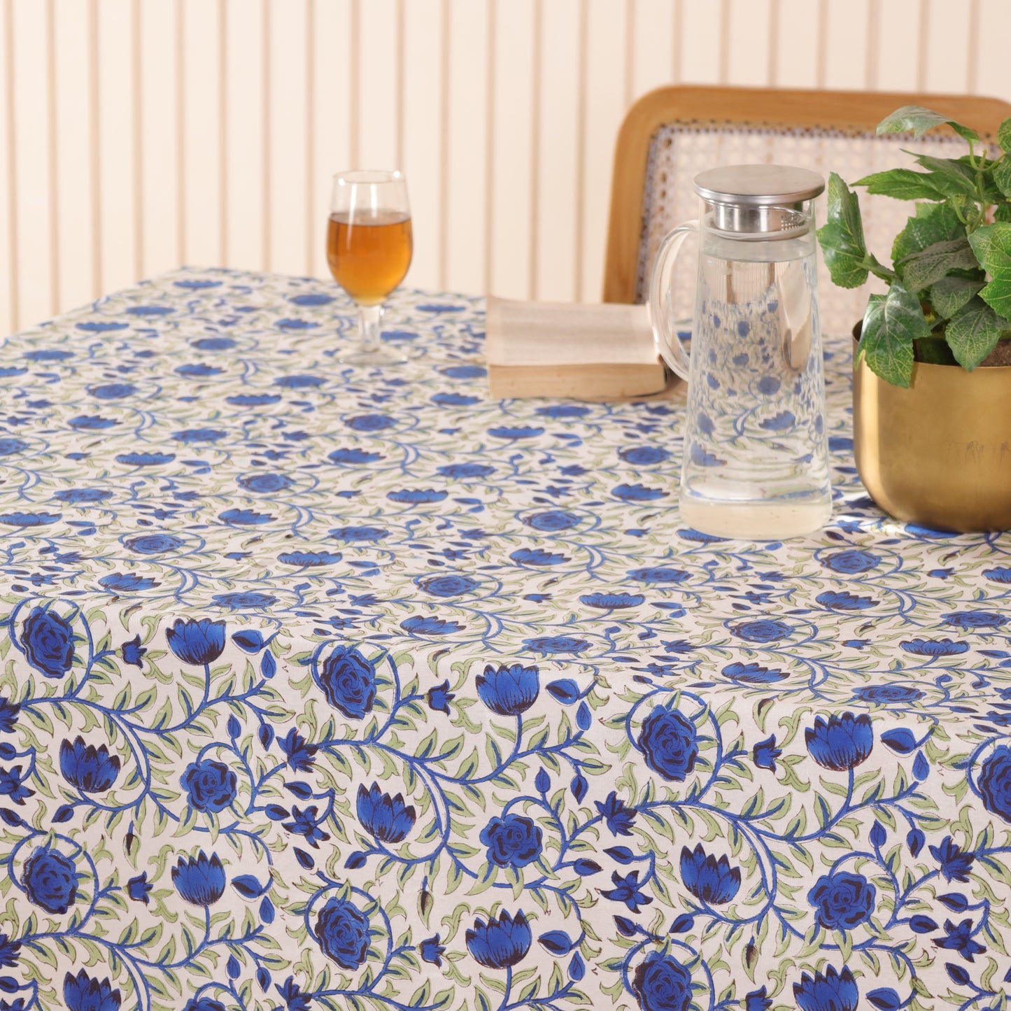 Cotton Handblock Blue Floral Dining Table Cover
