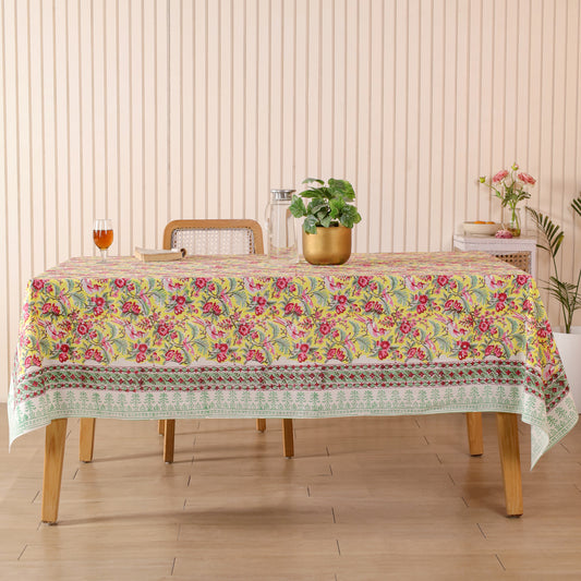 Pink & Yellow Handmade Sanganeri Block Print Floral Cotton Tablecloth