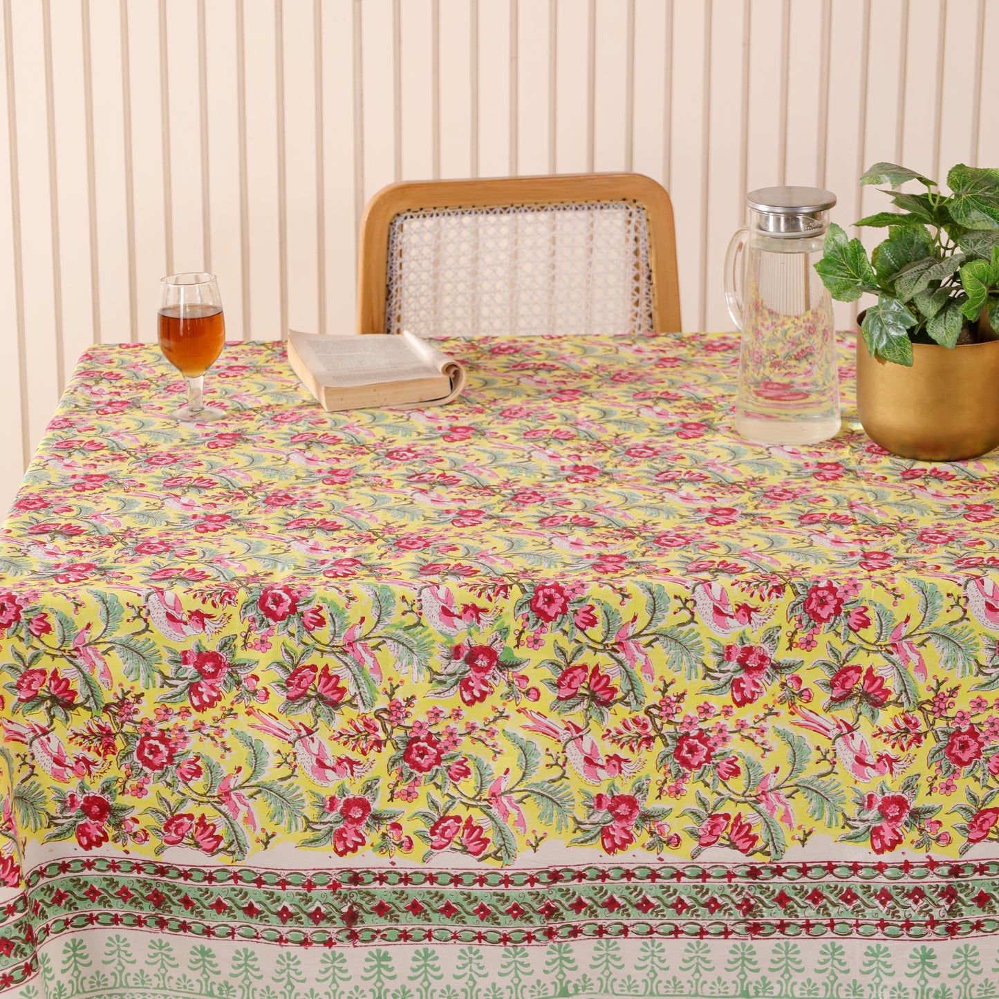 Pink & Yellow Handmade Sanganeri Block Print Floral Cotton Tablecloth