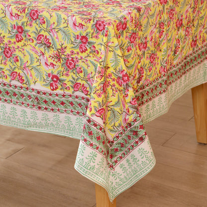 Pink & Yellow Handmade Sanganeri Block Print Floral Cotton Tablecloth