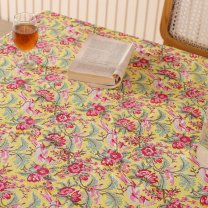 Pink & Yellow Handmade Sanganeri Block Print Floral Cotton Tablecloth