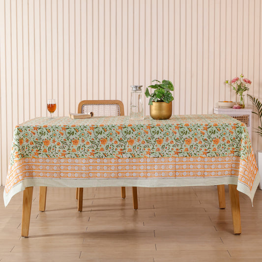 Orange & Green Handblock Sanganeri  Floral Cotton Tablecloth for Dining Table