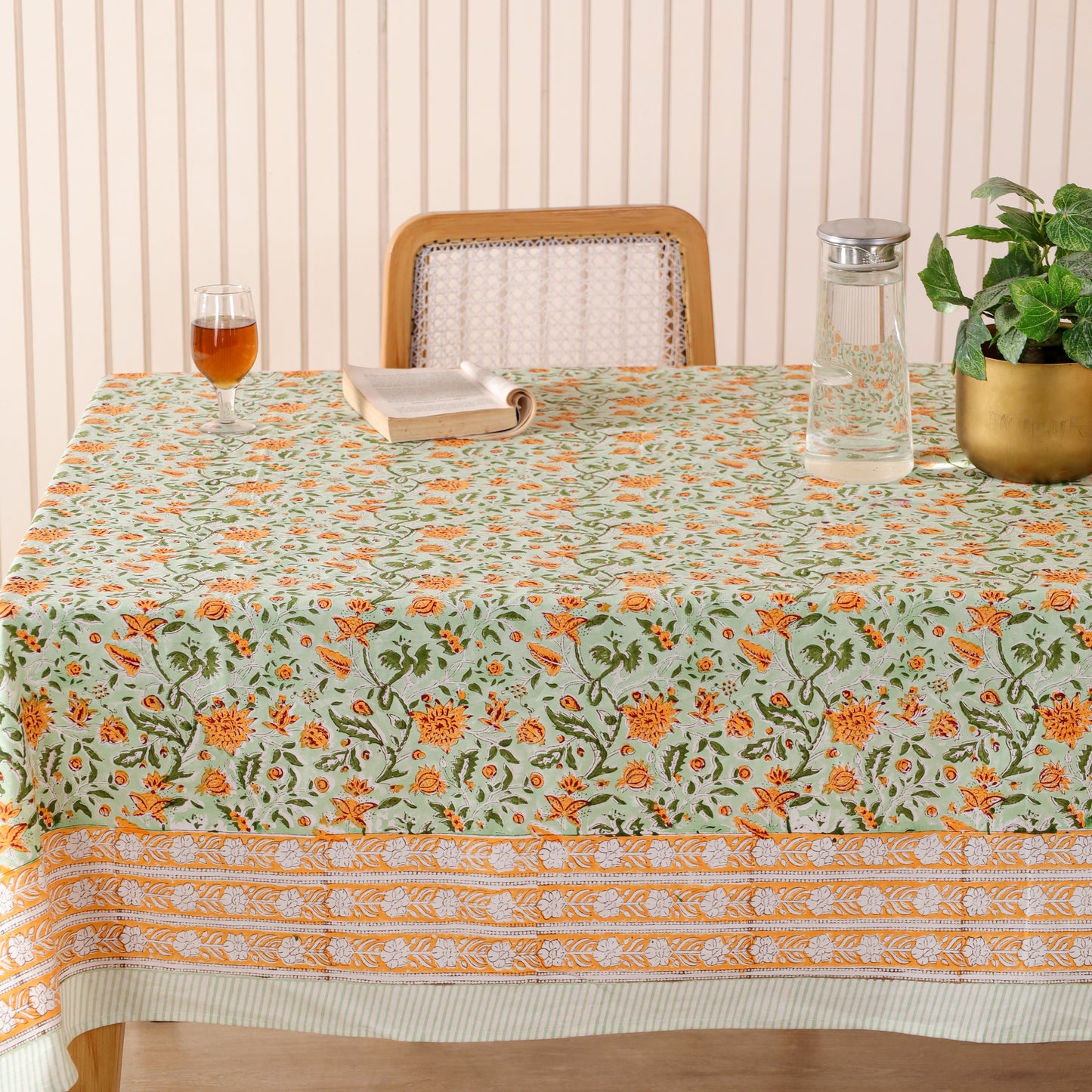 Orange & Green Handblock Sanganeri  Floral Cotton Tablecloth for Dining Table