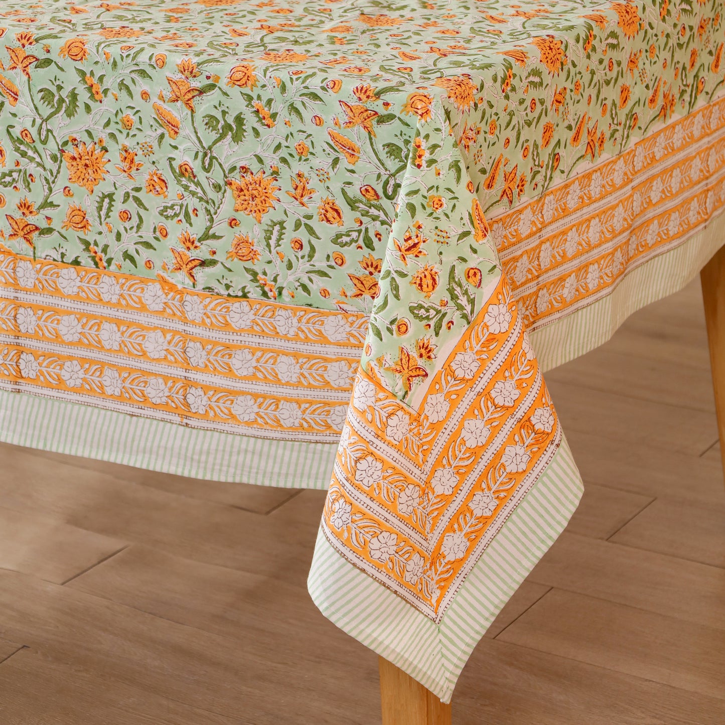 Orange & Green Handblock Sanganeri  Floral Cotton Tablecloth for Dining Table