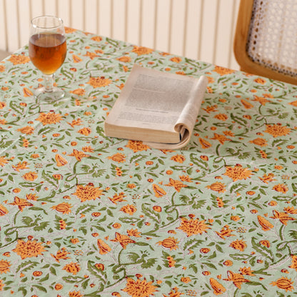 Orange & Green Handblock Sanganeri  Floral Cotton Tablecloth for Dining Table