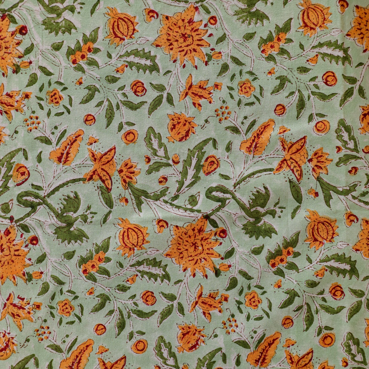 Orange & Green Handblock Sanganeri  Floral Cotton Tablecloth for Dining Table