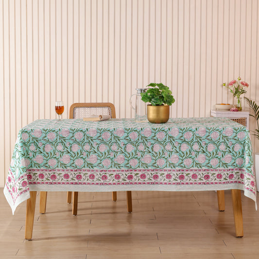 Green Leaf Motif Cotton Hand Block Printed Tablecloth for Dining Table