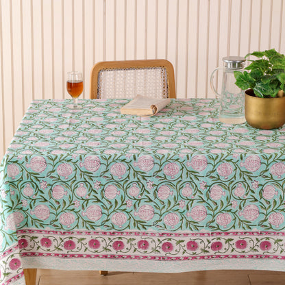 Green Leaf Motif Cotton Hand Block Printed Tablecloth for Dining Table