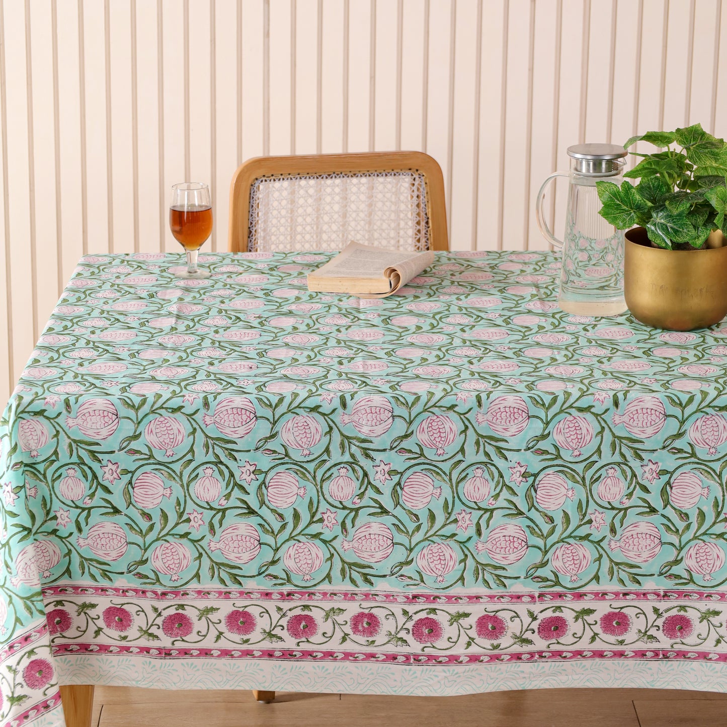 Green Leaf Motif Cotton Hand Block Printed Tablecloth for Dining Table
