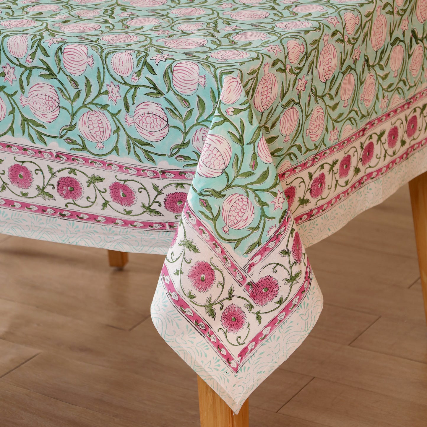 Green Leaf Motif Cotton Hand Block Printed Tablecloth for Dining Table