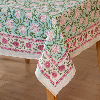 Green Leaf Motif Cotton Hand Block Printed Tablecloth for Dining Table