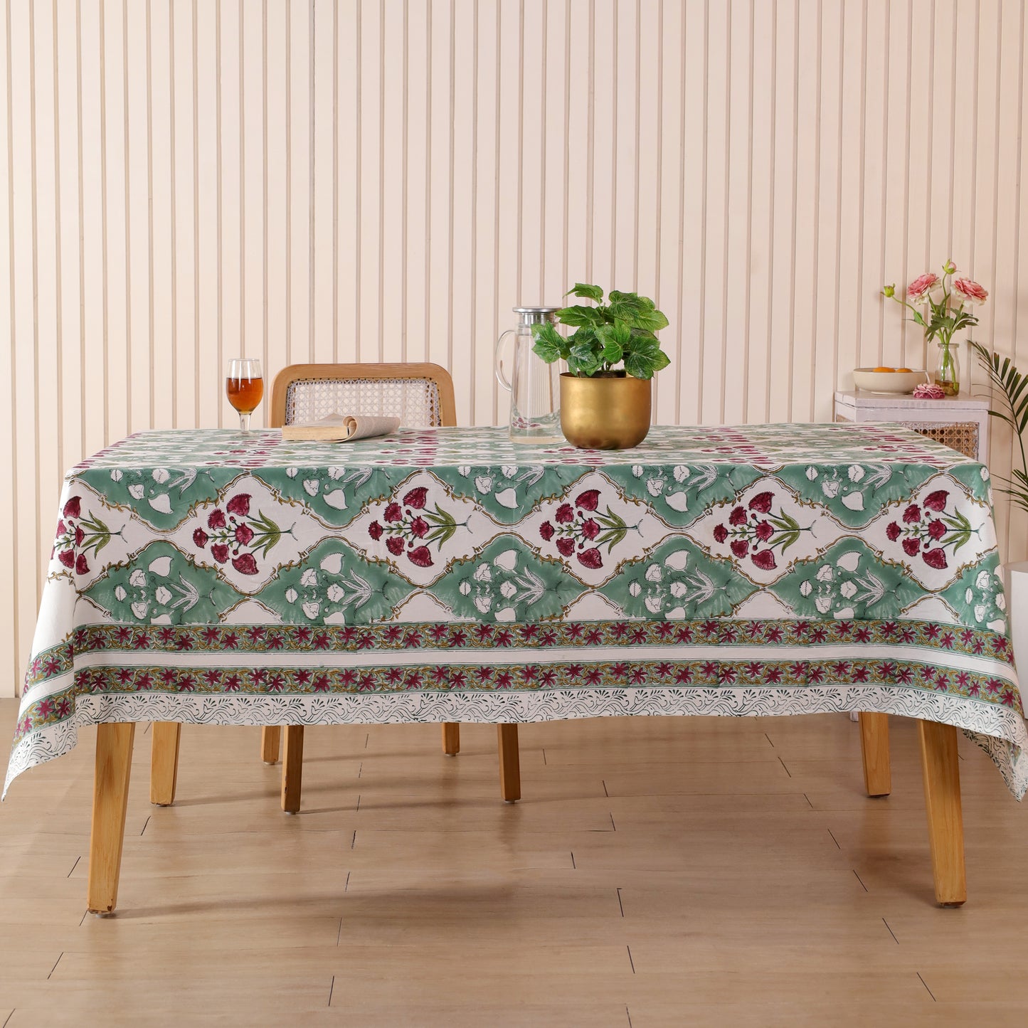 Green Red Floral Cotton Hand Block Printed Tablecloth