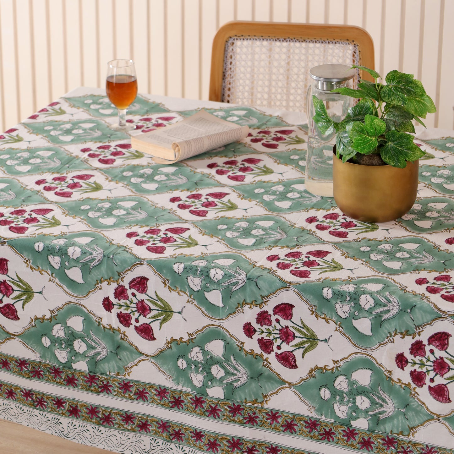 Green Red Floral Cotton Hand Block Printed Tablecloth
