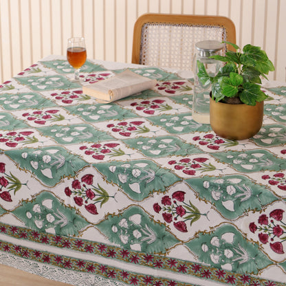Green Red Floral Cotton Hand Block Printed Tablecloth