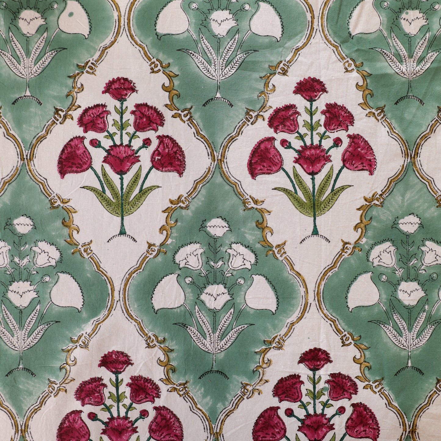 Green Red Floral Cotton Hand Block Printed Tablecloth