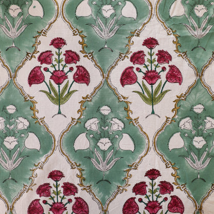 Green Red Floral Cotton Hand Block Printed Tablecloth