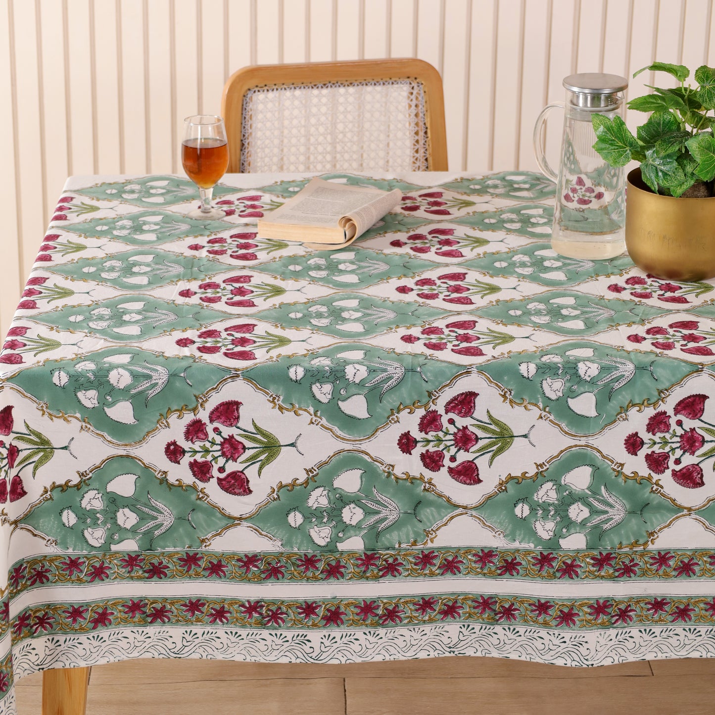 Green Red Floral Cotton Hand Block Printed Tablecloth