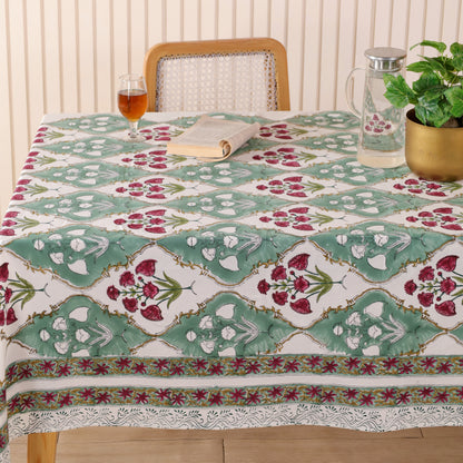 Green Red Floral Cotton Hand Block Printed Tablecloth