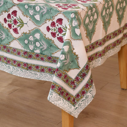 Green Red Floral Cotton Hand Block Printed Tablecloth