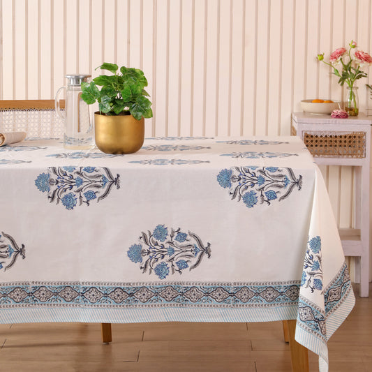 White & Blue Floral Cotton Hand Block Printed Tablecloth
