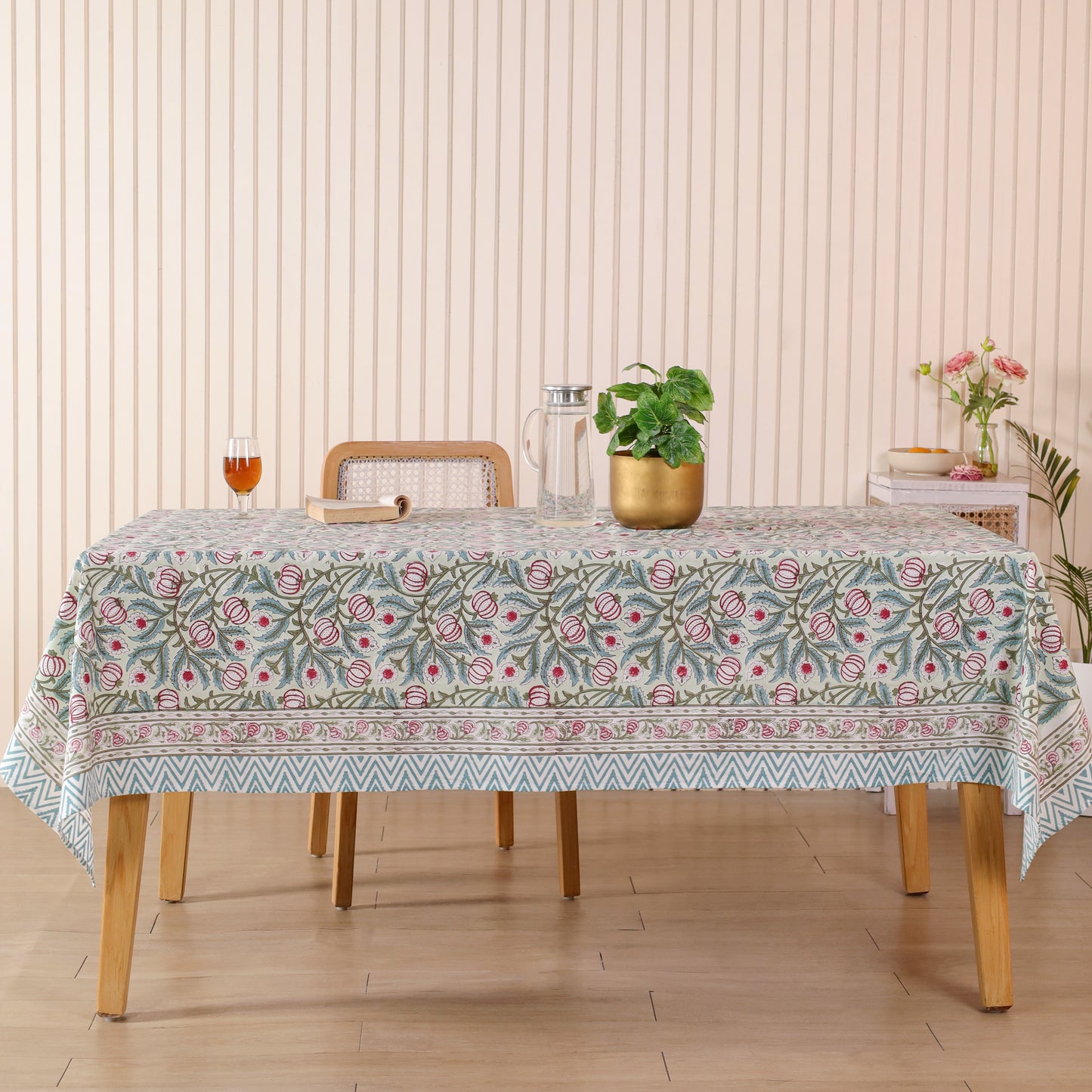 Pomegranate Red and Blue Floral Print Cotton Hand Block Tablecloth