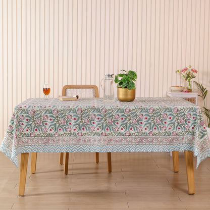 Pomegranate Red and Blue Floral Print Cotton Hand Block Tablecloth