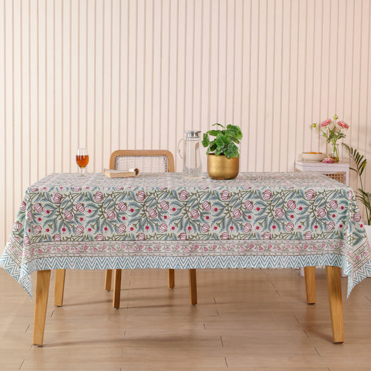 Pomegranate Red and Blue Floral Print Cotton Hand Block Tablecloth