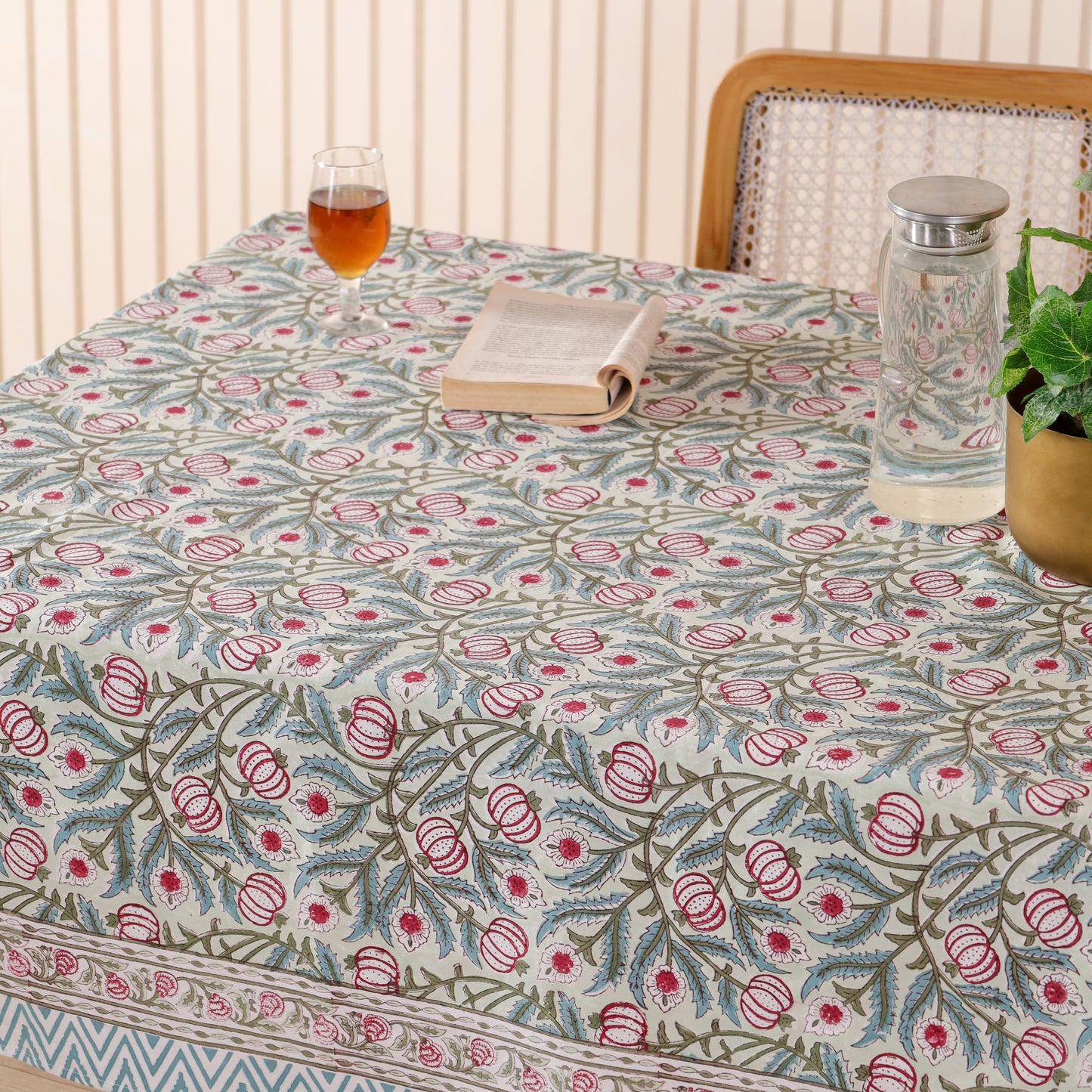 Pomegranate Red and Blue Floral Print Cotton Hand Block Tablecloth