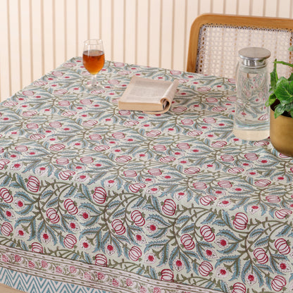 Pomegranate Red and Blue Floral Print Cotton Hand Block Tablecloth