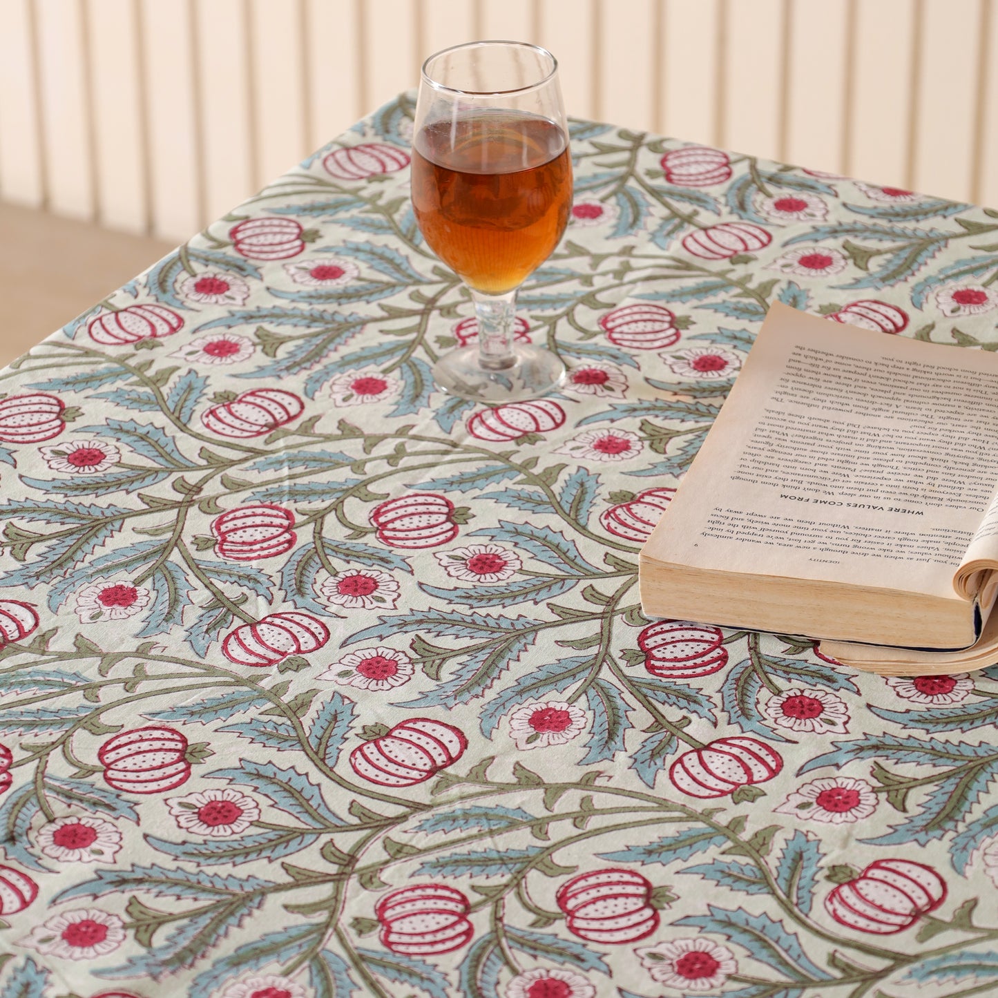 Pomegranate Red and Blue Floral Print Cotton Hand Block Tablecloth