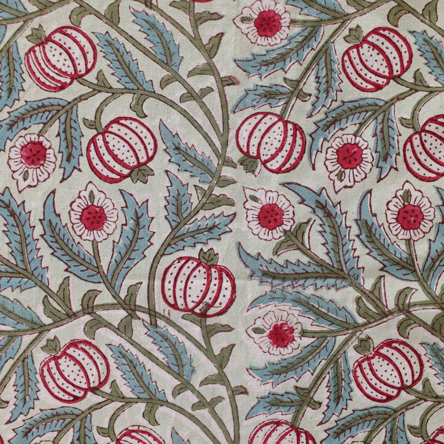 Pomegranate Red and Blue Floral Print Cotton Hand Block Tablecloth