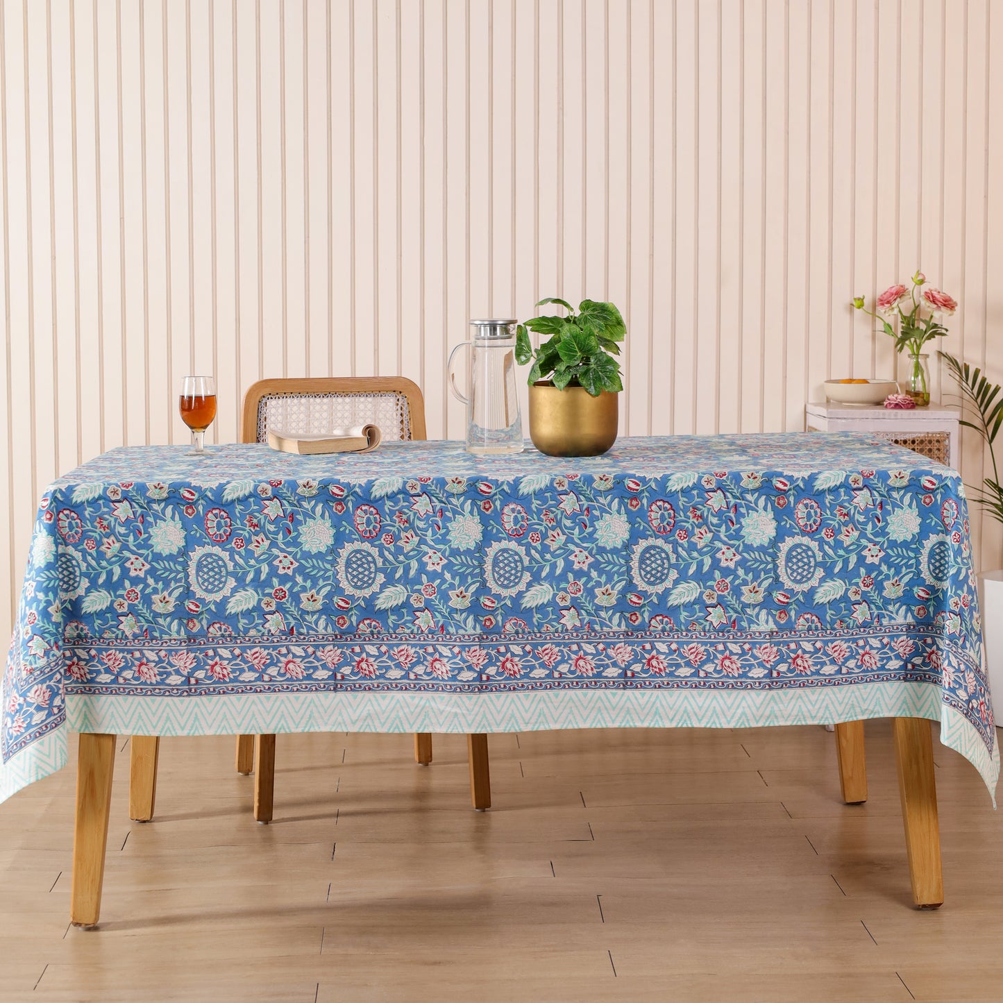 Blue Floral Hand Block Printed Cotton Tablecloth