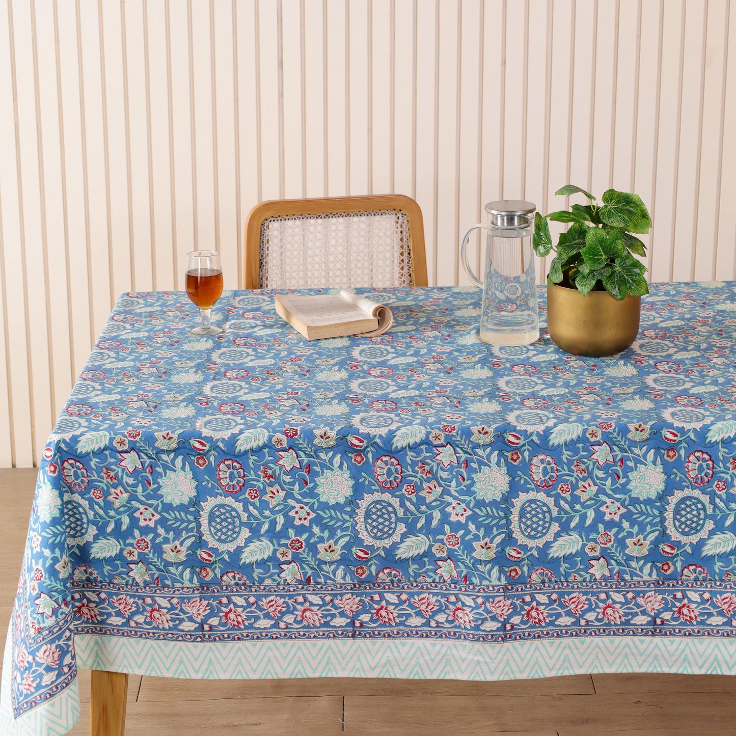 Blue Floral Hand Block Printed Cotton Tablecloth