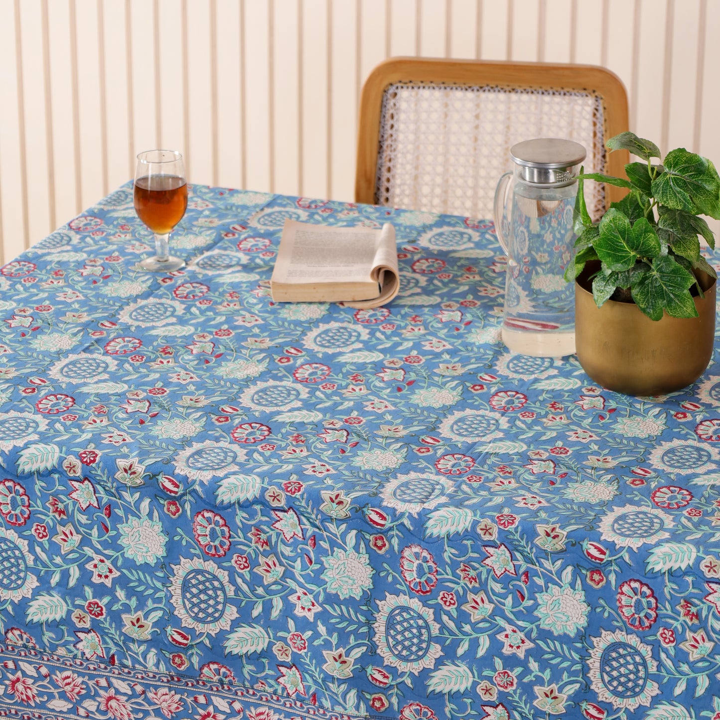 Blue Floral Hand Block Printed Cotton Tablecloth
