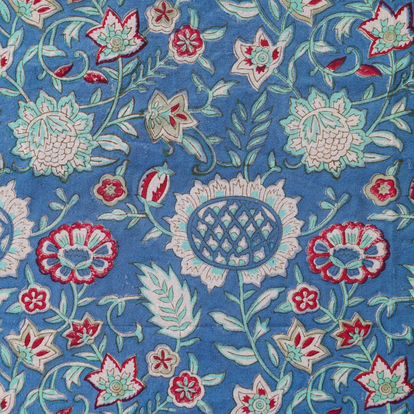 Blue Floral Hand Block Printed Cotton Tablecloth