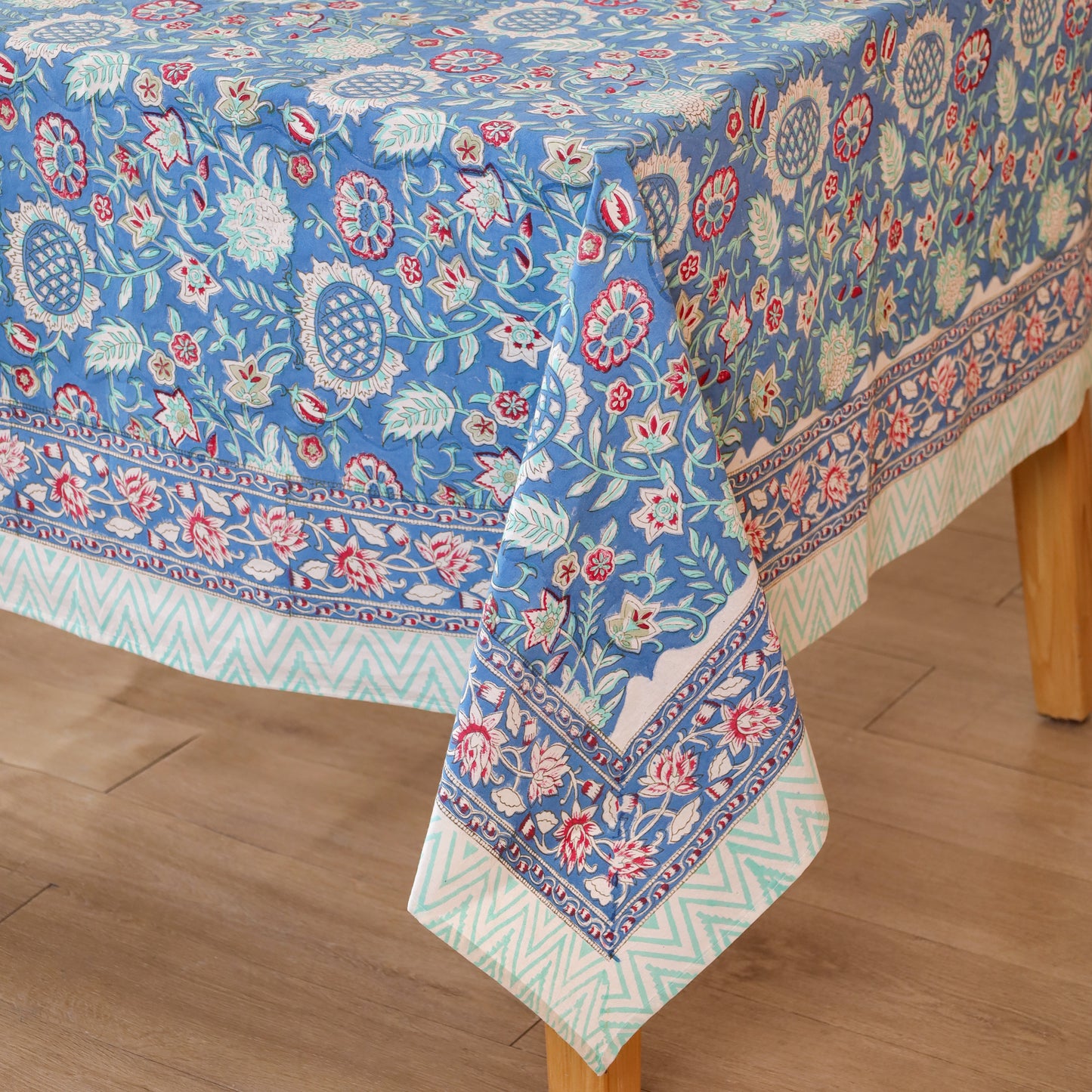 Blue Floral Hand Block Printed Cotton Tablecloth