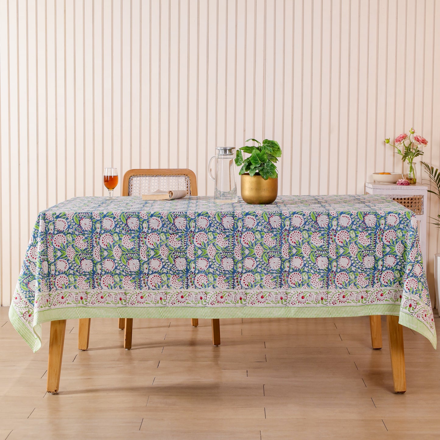 Blue and White Floral Hand Block Printed Cotton Tablecloth