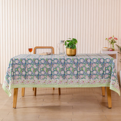 Blue and White Floral Hand Block Printed Cotton Tablecloth