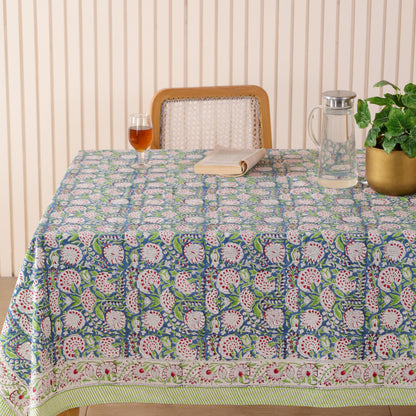 Blue and White Floral Hand Block Printed Cotton Tablecloth